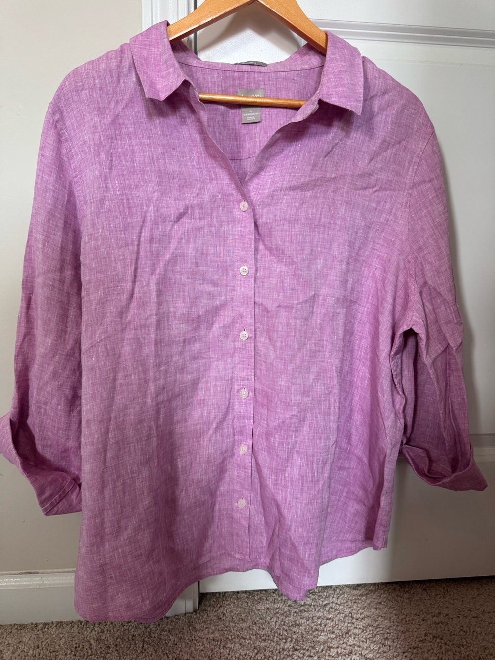 Chicos 100% linen purple 3/4 sleeve button down blouse size 4 (2XL)
